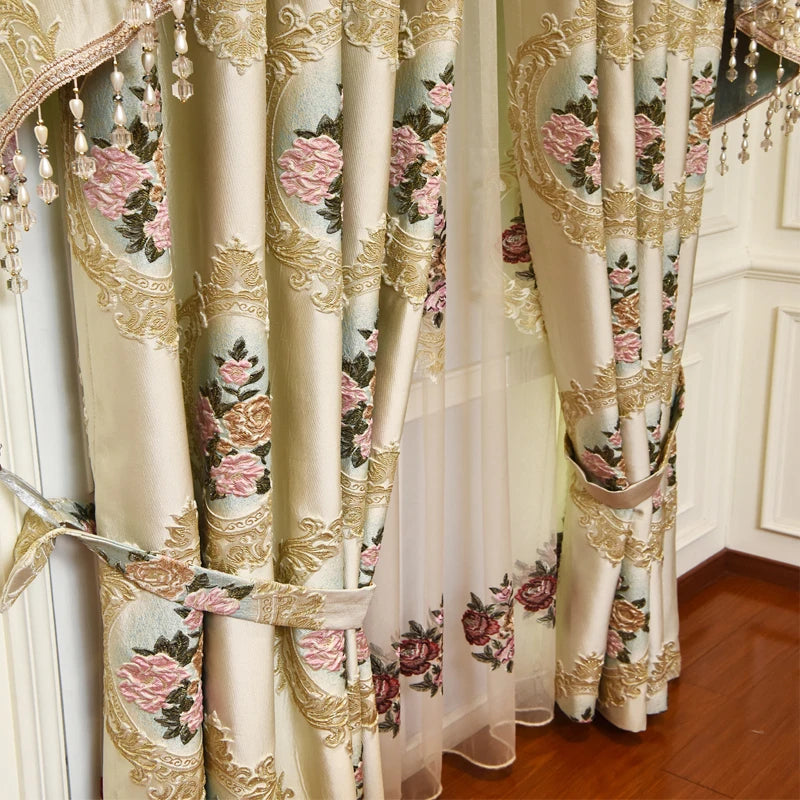 Obbty European Royal Luxury Thickened Beige Full Blackout Bedroom Curtains Pink 3D Jacquard Living Room Study Valance Curtains