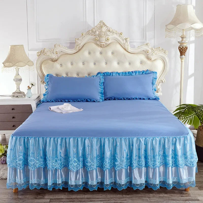 Obbty Princess Style Ruffles Fitted Bed Sheet Set Luxury Pleated Lace Edge Bed Linen Set High End Embroidery Bedsheet with Bed Skirt