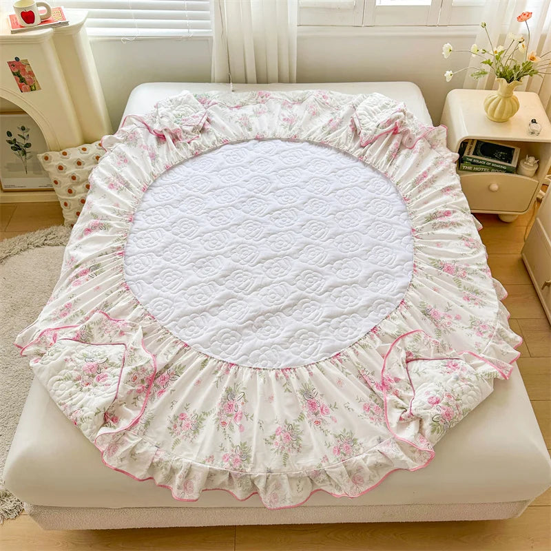 Obbty 100% Cotton Mattress Cover Floral Style Bedspread Thickened Fitted Sheet Lace Bed Linen Quilted Bed Cover (No Pillowcase)