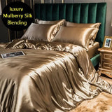 Obbty blending Mulberry Silk Bedding Set Silky High-end Queen Size Duvet Cover Set with Fitted Sheet Luxury Bedding Sets King Bed Sets