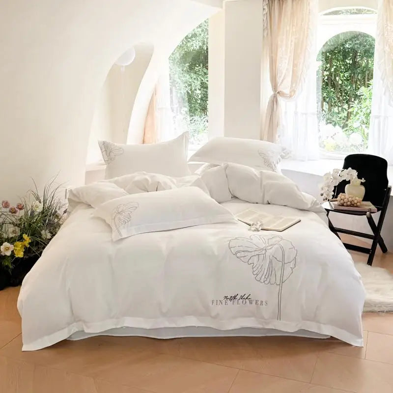 Obbty Pure White Minimalist Style Duvet Cover Set, Elegant Wildflower Embroidered Pretty Botanical Quality Fabric 4Pcs Bedding Set