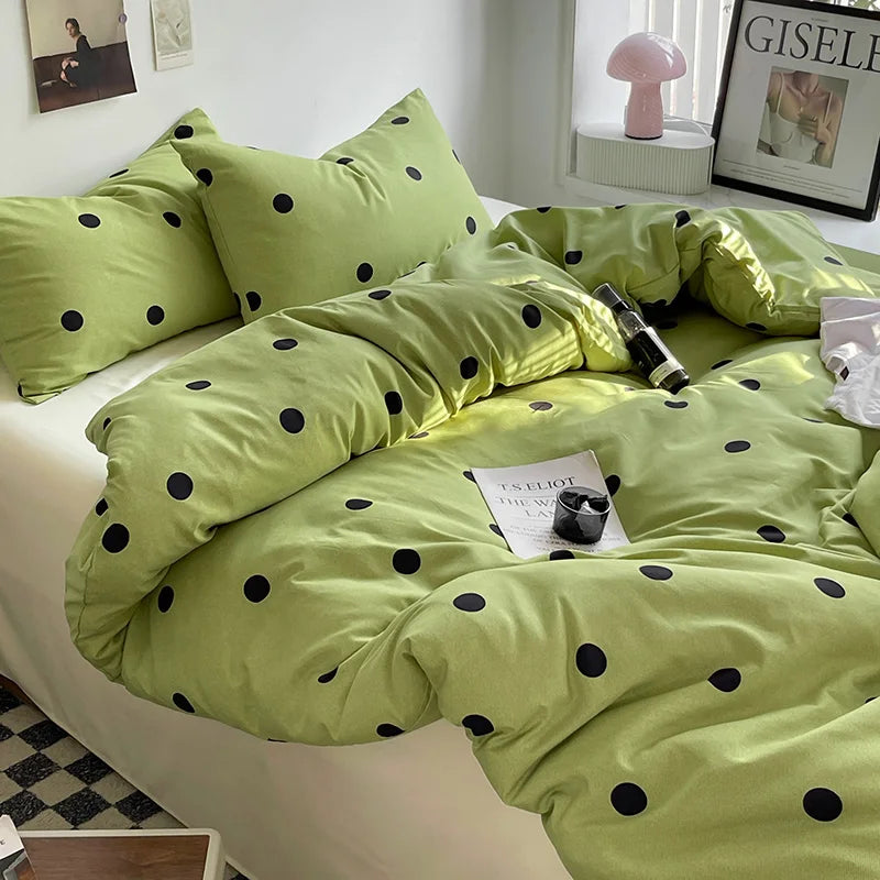 Obbty Green Polka Dots Duvet Cover Pillow Case Bed Sheet AB Side Quilt Cover Stripe Boy Kid Teen Girl Bedding Linens Set King Queen