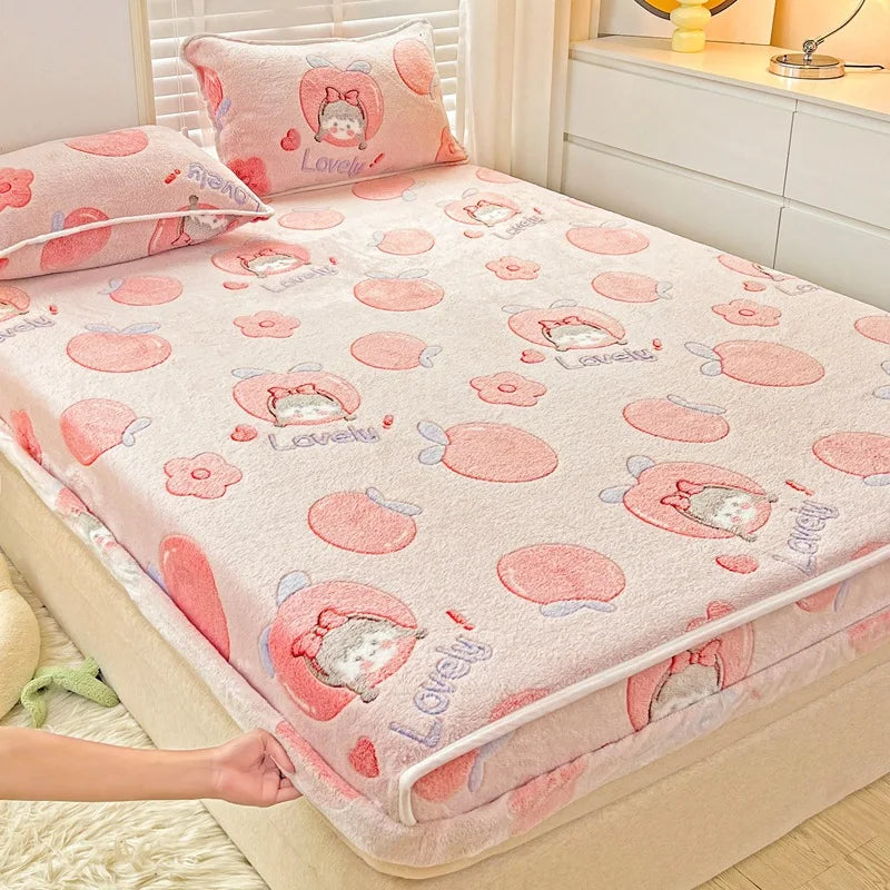 Obbty Winter Thicken Warm Coral Velvet Bed Sheet Sets Cartoon Double Bedspread Non-slip Mattress Cover Fitted Sheet with 2 Pillowcases