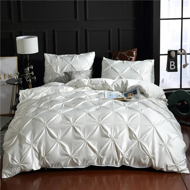 Obbty Luxury Rayon Pinch Pleated King Size Bedding Set Satin High-end Duvet Cover Set Double Bed Quilt Cover with Pillowcase No Sheets