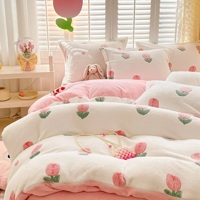 Obbty Winter Thick Warm Plush Comforter Cover Queen Bedding Sets Cartoon Quilt Cover Bed Sheet Pillowcase 4pcs Luxury Bed Linens