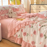 Obbty Rose Floral Seersucker Summer Quilt Flower Pattern Soft Skin-friendly Bedding Ruffle Thin Comforter Suitable for Bedroom Office