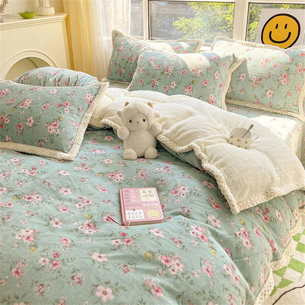 Obbty Bed Sheet Set Quilt Cover Pillowcase Four-piece Bedding Set Home Textiles Floral Print Milk Fleece Hemming Warm Winter