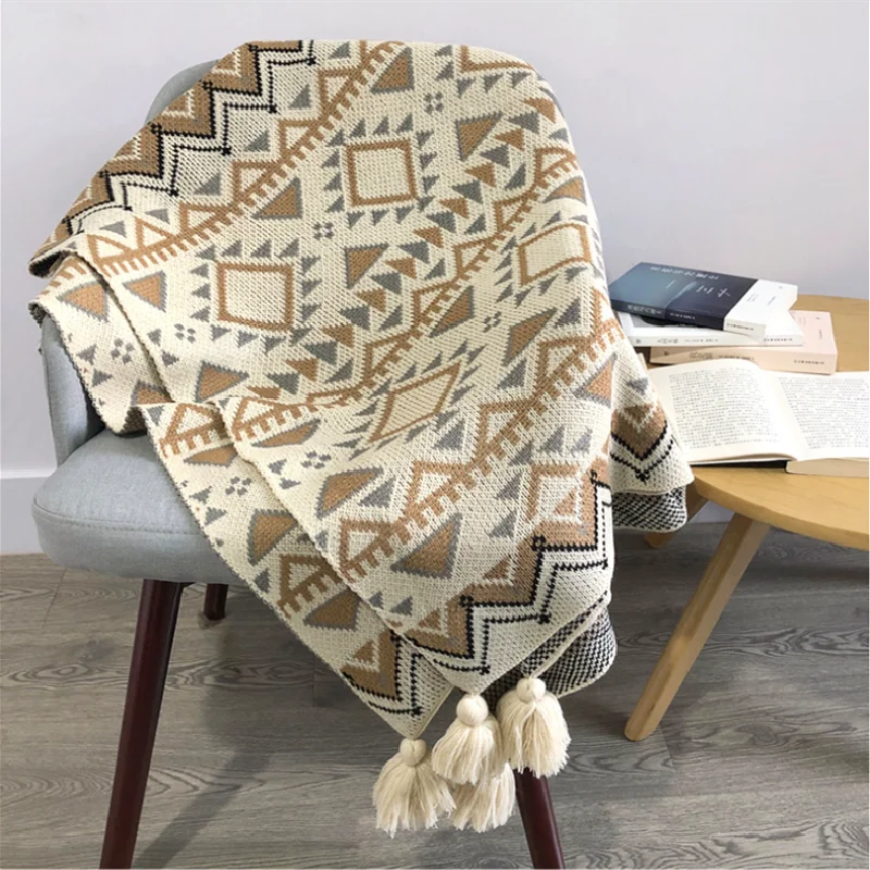 Obbty Sofa Decoration Blankets Knitted Wool With Tassel Bohemian Style Acrylic Material Portable Nap Cover Blanket