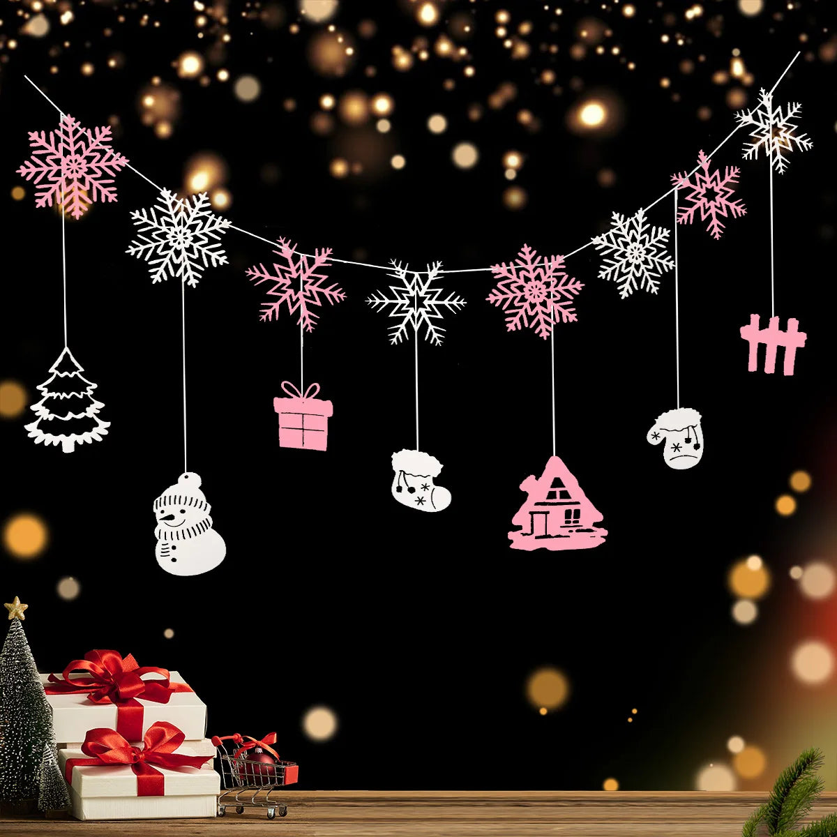 Obbty Christmas Party Background Flag Pendant Cartoon Cute Snowflake Decoration 1 Set 1 Piece.