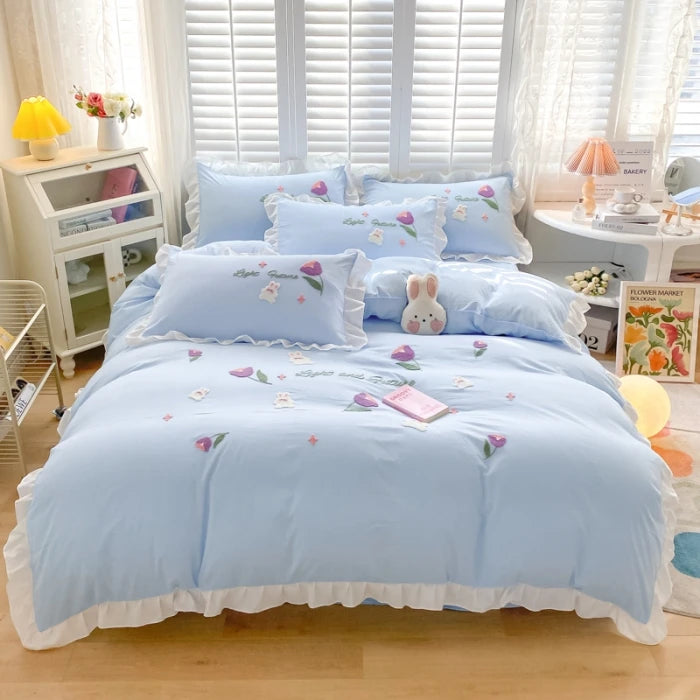 Obbty Floral Cartoon Rabbit Bedding Set Embroidery Duvet Cover Queen Twin Full Size Kawaii Comforter Covers with Pillowcases for Girls