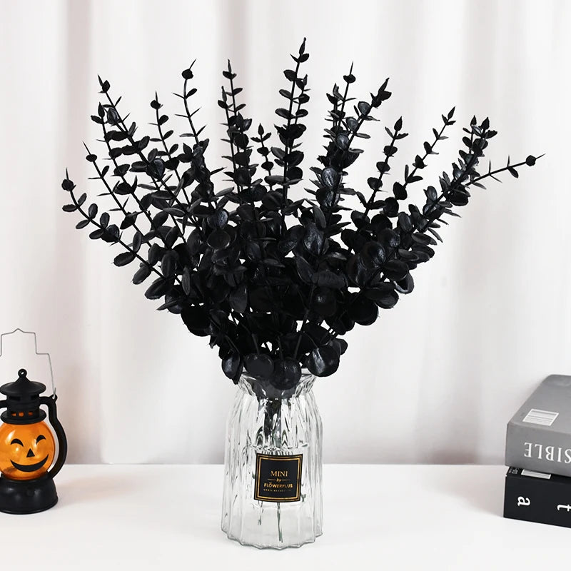 Obbty 10/20Pcs Black Artificial Eucalyptus Branch Stems Faux Halloween Flowers Real Touch Leaves Plant Centerpiece Home Decoration