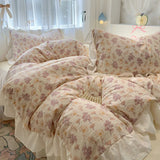 Obbty Bedding Set Korean Style 2024 New  Small Floral Water Washed Cotton Lace Duvet Cover Set Queen Size