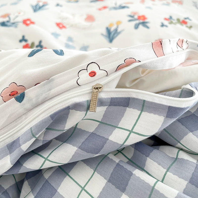 Obbty Cute Cat Duvet Cover Cotton 3 PCS Floral Bedding Sets All Seasons Comforter Covers for Boys Girls Kids Teen Dorm Preppy College