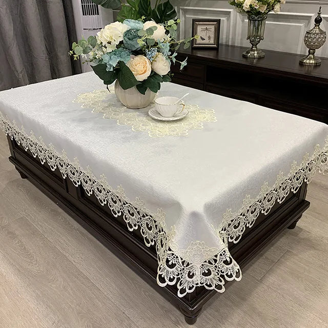 Obbty Rectangle Tablecloth Luxury Embroidery Lace Table Cover Flower Elegant Hollow Out Table Cloth Towels Dining table decoration