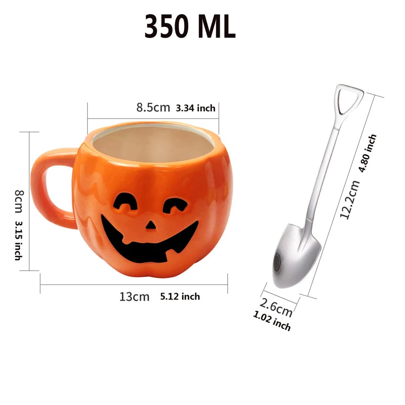 Obbty 350ML Mug Halloween Pumpkin Shaped Ceramic Cup With Spoon Christmas Halloween Prank Ceramic Mug Creative Pumpkin Milk Coffee Cup