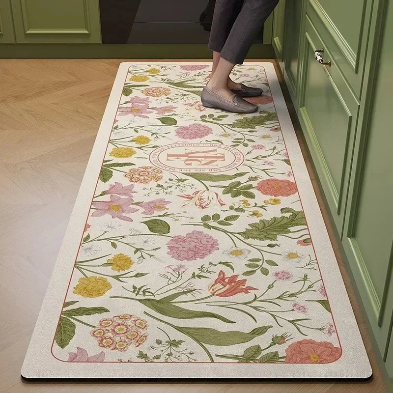 Obbty Kitchen Pvc Floor Mat Leather Waterproof Non-slip Carpet Oil-proof Foot Mats Pink Flower Pattern Home Decoration Rug Vinyl Rugs