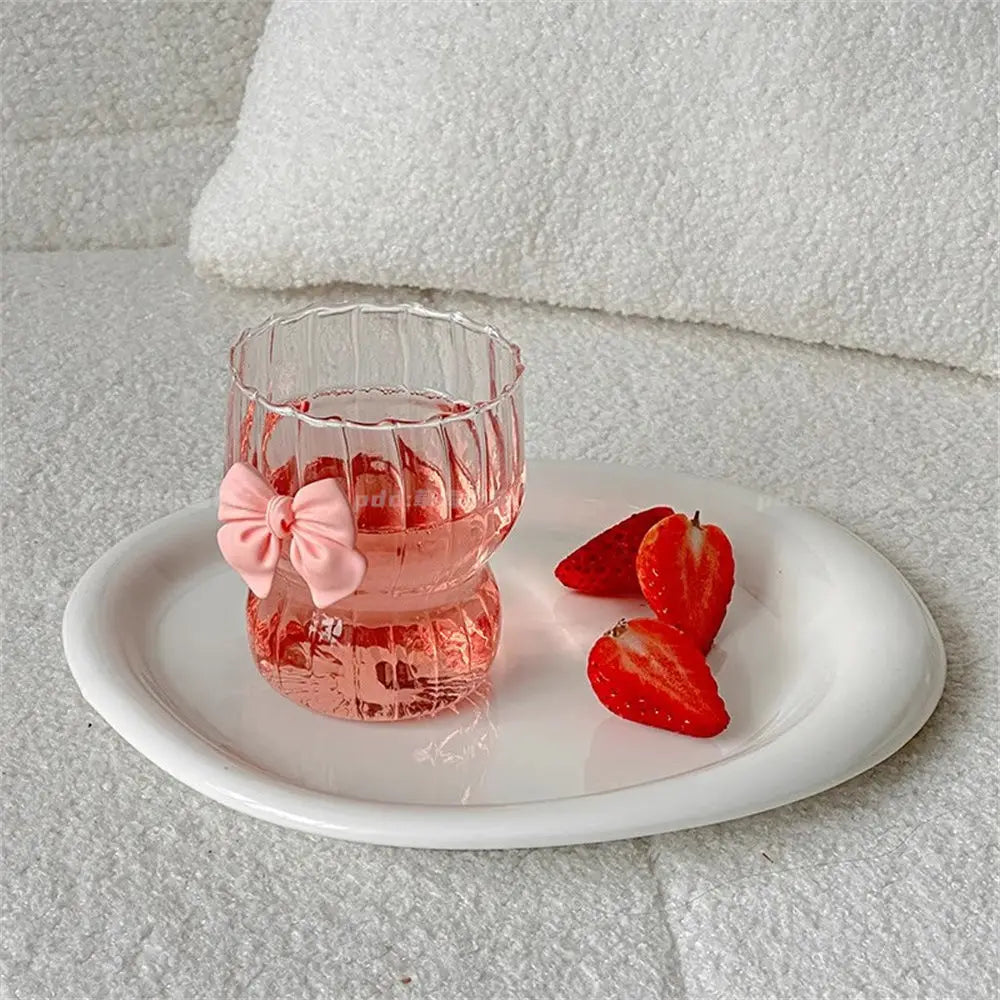 Obbty New Pink Bow Heat Resistant Coffee Cup Dudu Glass Vertical Pattern Fat Tea Water Cups Drinkware Glasses