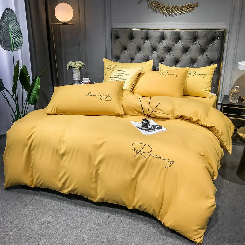 Obbty High End Skin Friendly Bedding Set Queen Luxury Embroidery Duvet Cover Set with Flat Sheet Simple Durable King Size Bedding Sets