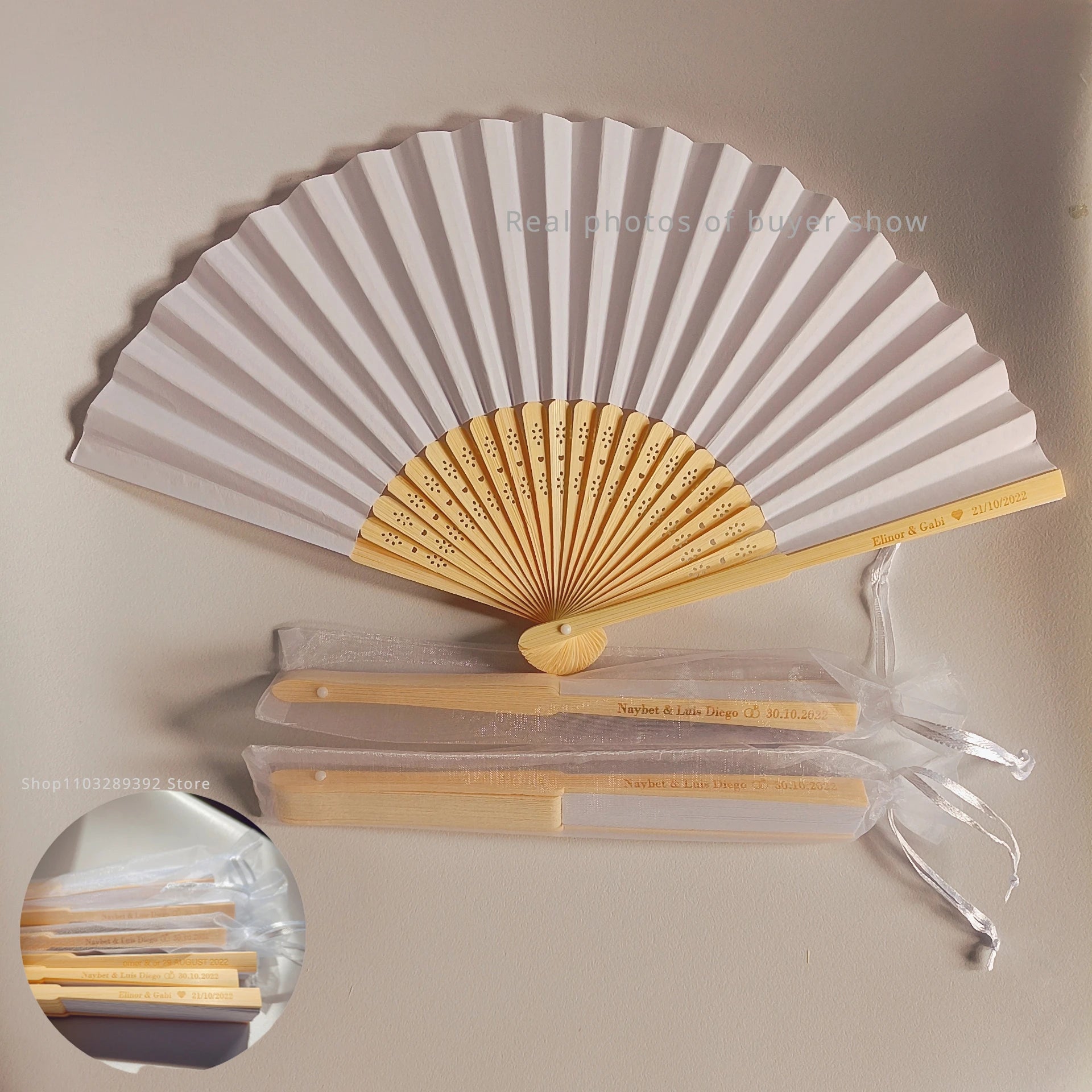 Obbty 40/70pcs Personalized Carved Fans 20pcs White Folding Blank Paper Hand Fans With Gift Bags, Wedding And Abanicos Para Boda