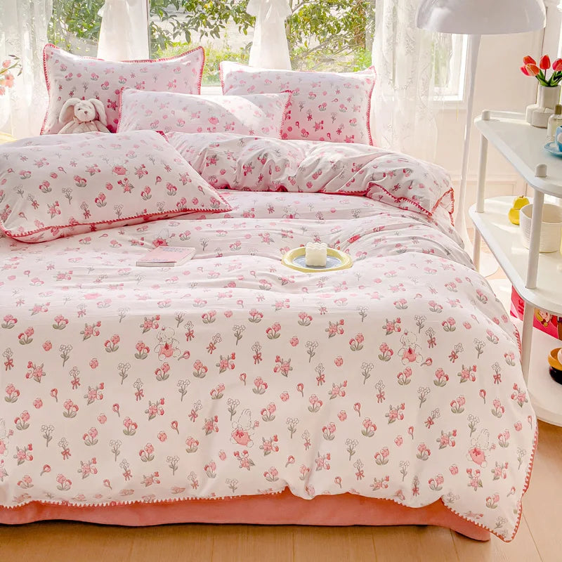 Obbty Pastoral Girls Flower Bedding Sets, Washed Cotton Bed Linens, Soft Quilt Cover Sheet Set, Simple Bedspread, Home Textiles