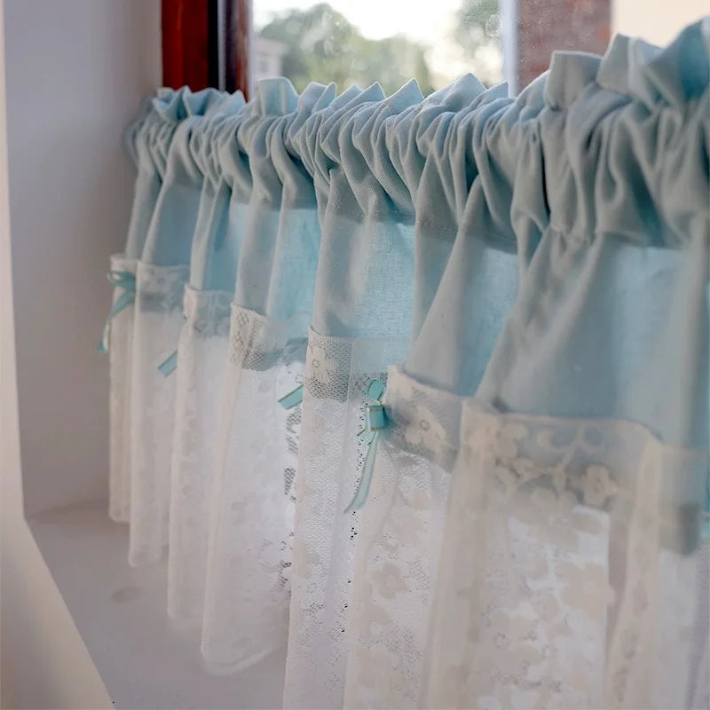 Obbty Solid Blue Stitching Lace Short Curtains South Korean Bow Half Curtains Kitchen Valance