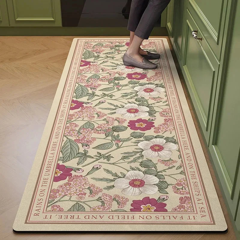 Obbty Kitchen Floor Mat PVC Leather Waterproof Carpet Non-slip Long Foot Mats Flower Pastoral Style Home Decoration Rug Vinyl Carpets