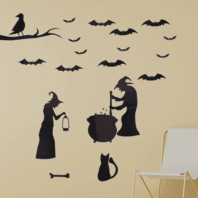 Obbty 4pcs/set Halloween Witch Refining Medicine Wall Sticker Black Bat Cat Boiler Glass Window Decal Halloween Party DIY Decor Supply