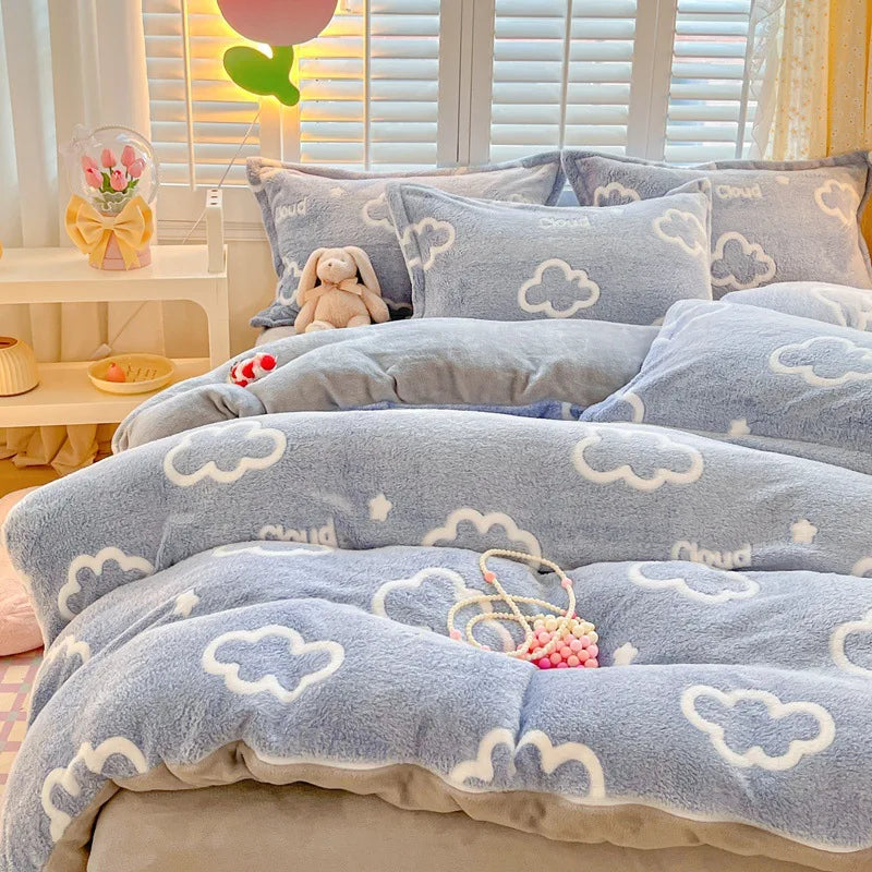 Obbty Winter Thick Warm Plush Comforter Cover Queen Bedding Sets Cartoon Quilt Cover Bed Sheet Pillowcase 4pcs Luxury Bed Linens