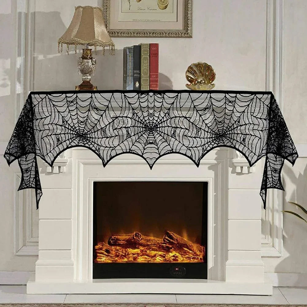 Obbty Halloween Lace Spider Web Tablecloths Black Skull Spider Web Fireplace Curtain Mantel Scarf Event Home Party Table Decorations