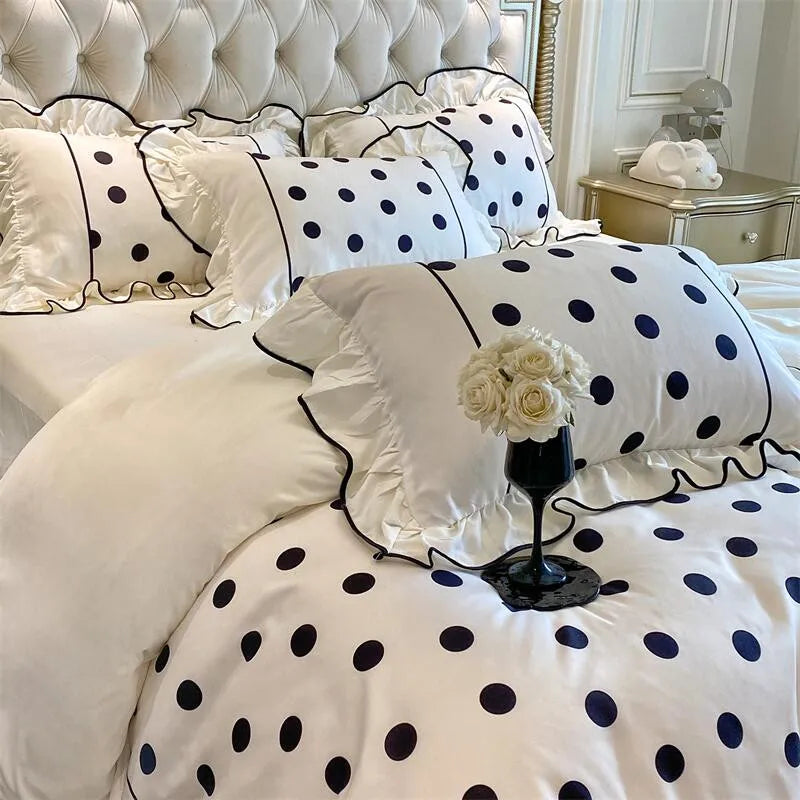 Obbty Washed Cotton White And Black Dots Bedding Set Ruffle Duvet cover Bed Sheet Set Pillowcases Double Queen King 4Pcs