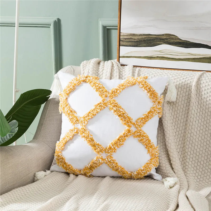 Obbty Europe Pure Cotton Tufted Tassels Cushion Cover Geometric Pattern Sofa Cushions Cover Bedroom Living Home Decorative Pillow Case