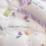 Obbty Floral Cartoon Rabbit Bedding Set Embroidery Duvet Cover Queen Twin Full Size Kawaii Comforter Covers with Pillowcases for Girls