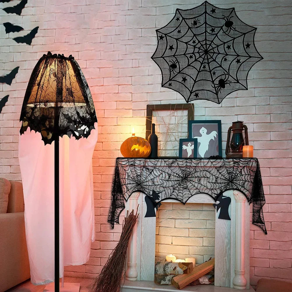 Obbty Halloween Lace Spider Web Tablecloths Black Skull Spider Web Fireplace Curtain Mantel Scarf Event Home Party Table Decorations