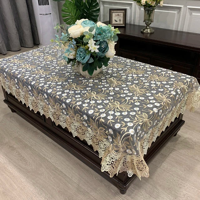 Obbty Rectangle Tablecloth Luxury Embroidery Lace Table Cover Flower Elegant Hollow Out Table Cloth Towels Dining table decoration