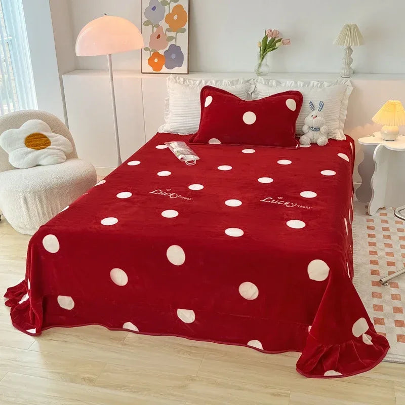 Obbty High Quality Polka Dot Print Winter Bedding Set Queen Milk Velvet Duvet Cover Set with Sheets Quilt Cover Pillowcases Bed Sets