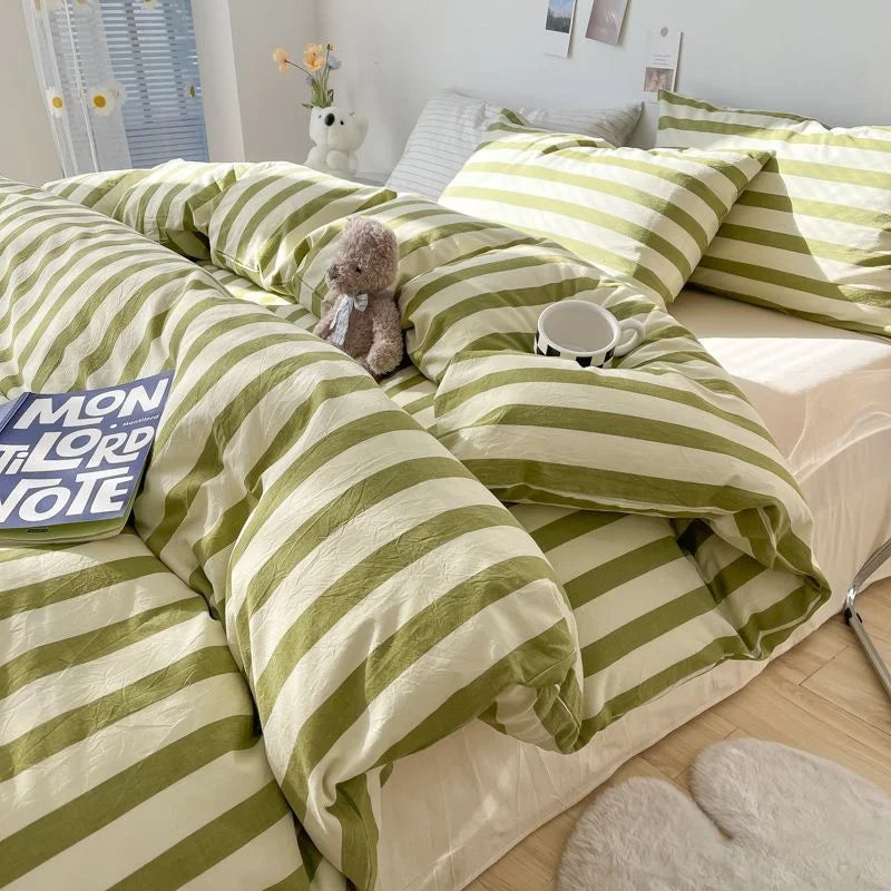 Obbty Ins Nordic Green Lattice Home Textile Solid Color Washed Cotton Bedding Simple Duvet Cover Pillowcase Sheet Single Double Size