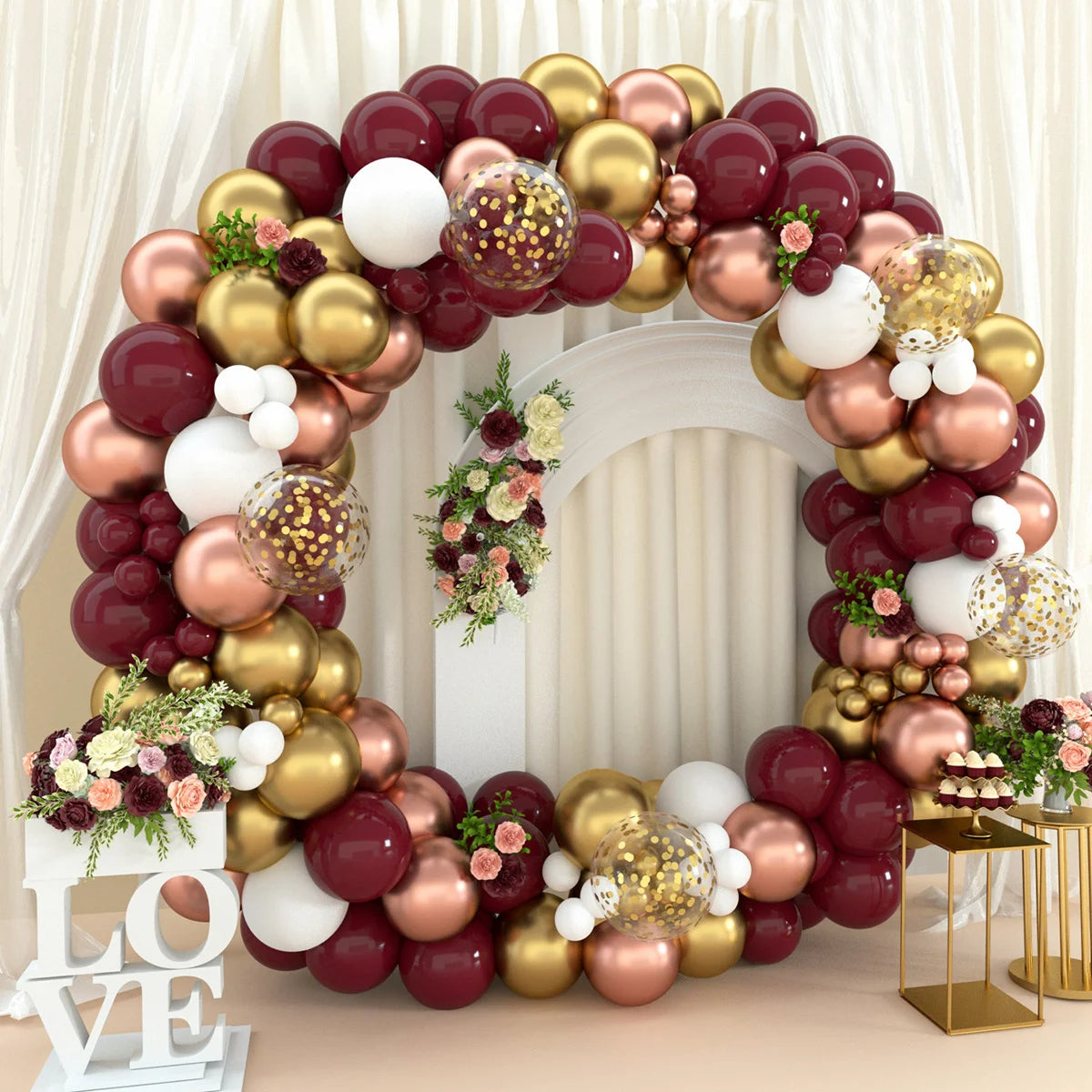 Obbty 1Set Burgundy Wine Red Balloons Garland Kit Ruby Red Balloon Arch Gold Chrome Balloons Valentines Day Decor Wedding Party Decor