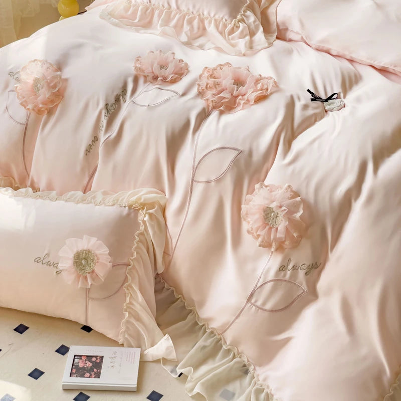 Obbty Pink Princess Bedding Set Handmade Flowers Embroidery Lace Ruffle Eucalyptus Lyocell Soft Silky Duvet Cover Bed Sheet Pillowcase