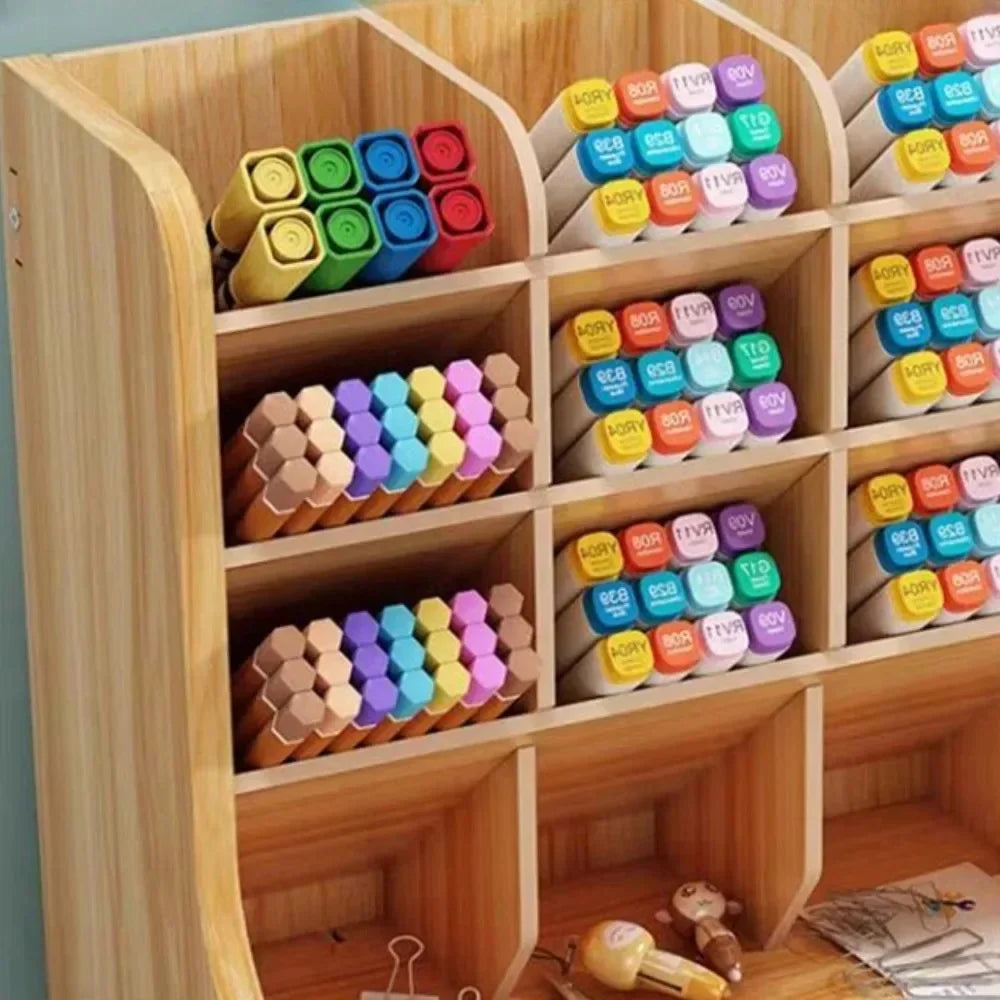 Obbty Wooden Desk Organize Ashionable Multi Grid Pen Holder Multi Functional Desktop Stationery Pen Rack For Office Desk Organizer