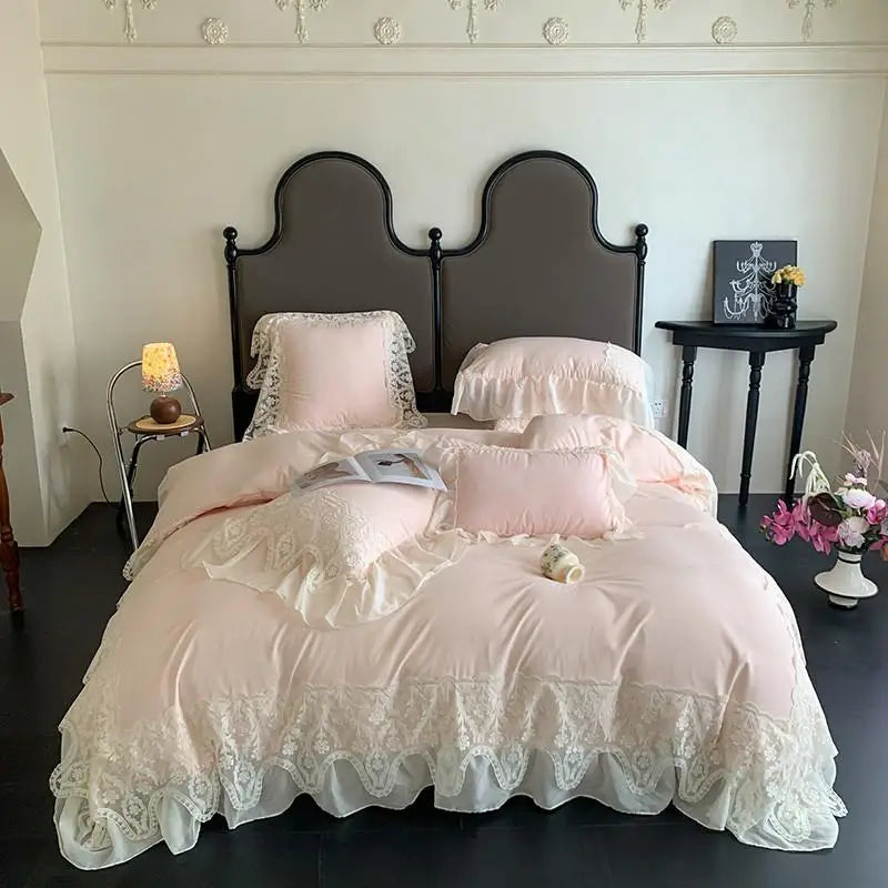 Obbty Ruffle Chiffon Lace Duvet Cover Set  2Pcs Pillowcases Sweet Cute Princess Style Bedding set Ultra Soft and Light Weight