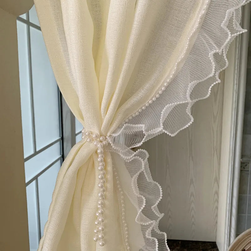 Korean Double Lace With Pearls Tulle Curtains For Bedroom Girl Room French Dream Light Yellow Short Sheer Voile For Door Kitchen