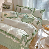 Obbty Spring Green Princess Bedding Set Double Layer Lace Bow Quilt Cover Sheet And Pillowcase Simple Pastoral Girl Home Textiles