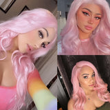 Obbty Light Pink Wave Lace Hair Synthetic Frontal Lace Wig for Women Long Body Wave Pastel Pink Lace Wig Color Hair Cosplay Daily Wear