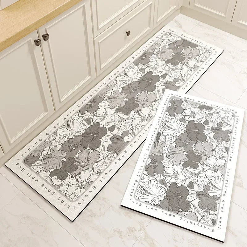 Obbty Kitchen Pvc Floor Mat Leather Waterproof Non-slip Carpet Oil-proof Foot Mats Pink Flower Pattern Home Decoration Rug Vinyl Rugs