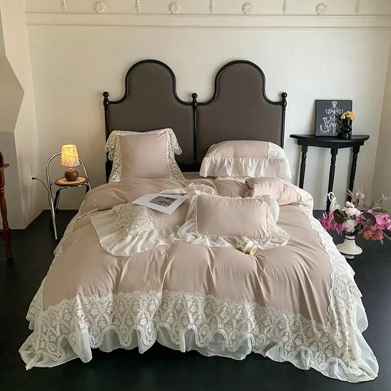 Obbty Ruffle Chiffon Lace Duvet Cover Set  2Pcs Pillowcases Sweet Cute Princess Style Bedding set Ultra Soft and Light Weight