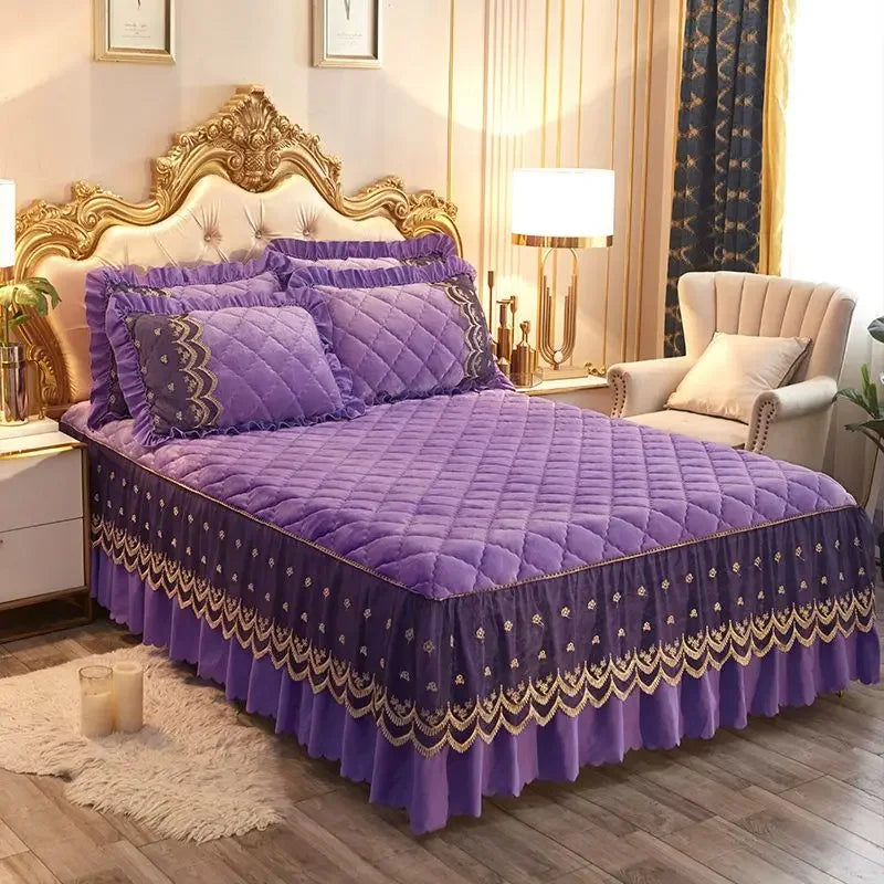 Obbty Luxury Winter Fast Warm Velvet Bed Skirt Ultra Soft Thick Flannel Quilted Bed Sheet Non Slip Bed Cover Bedspread King Size