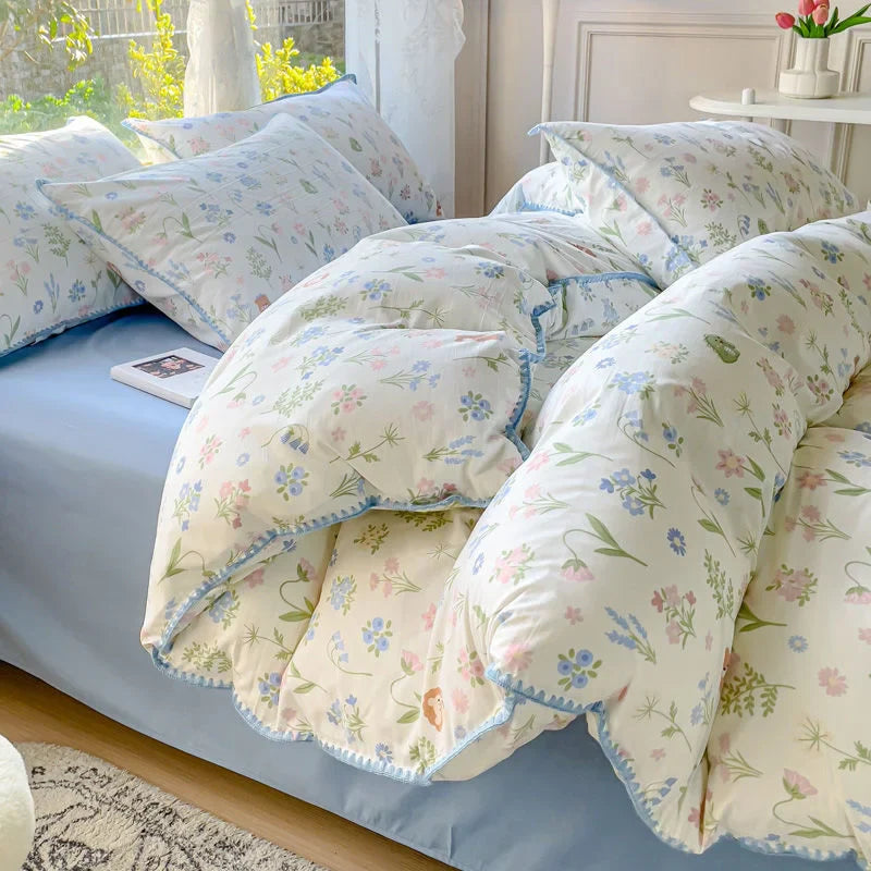 Obbty Pastoral Girls Flower Bedding Sets, Washed Cotton Bed Linens, Soft Quilt Cover Sheet Set, Simple Bedspread, Home Textiles