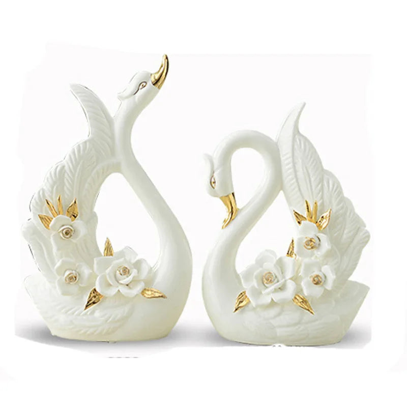 Obbty A Pair White Swan Lovers Home Decor Ceramic Crafts Porcelain Animal Figurines Wedding Decoration Lovers Gift W3075