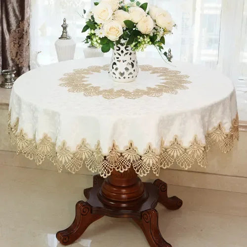 Obbty New Lace Tablecloth Pastoral Round Tablecloth Dining Table Cloths Home Embroidery Table Cover Rose Gold Decoration House Towel