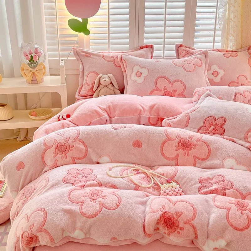 Obbty Winter Thick Warm Plush Comforter Cover Queen Bedding Sets Cartoon Quilt Cover Bed Sheet Pillowcase 4pcs Luxury Bed Linens